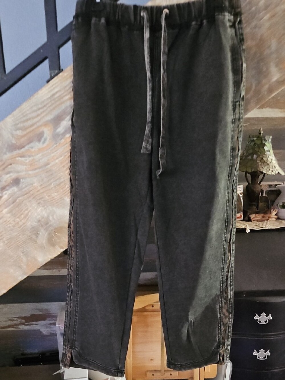 Oli & Hali Black Mineral Washed Pants With Leopard Sides